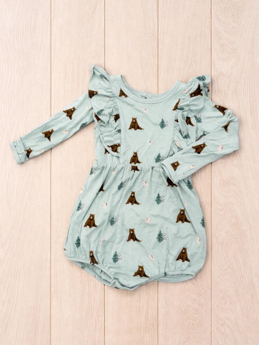 Kyte Baby Ruffle Bubble Romper 3T Trail Print NWOT Bamboo